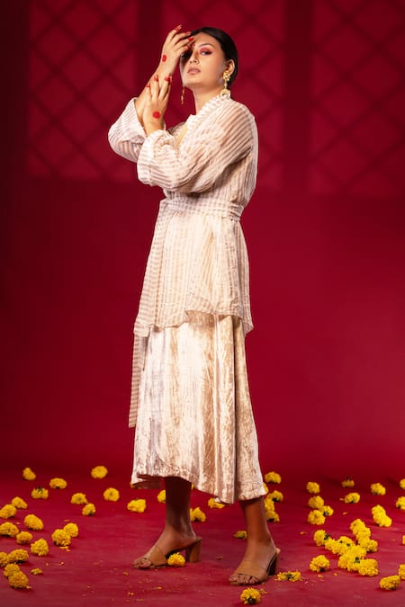 Buy Chambray & CO. Silver Velvet, Silk, Tissue Shawl Stripe Woven Jacket With Sleeveless Dress Online at Aza Fashions Buy_Chambray & CO._Silver Velvet, Silk, Tissue Shawl Stripe Woven Jacket With Sleeveless Dress _Online_at_Aza_Fashions