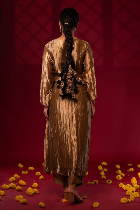 Shop_Chambray & CO._Gold Silk, Linen Open Neck Pleated Jacket Pant Set _at_Aza_Fashions