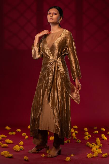 Chambray & CO._Gold Silk, Linen Open Neck Pleated Jacket Pant Set _Online_at_Aza_Fashions