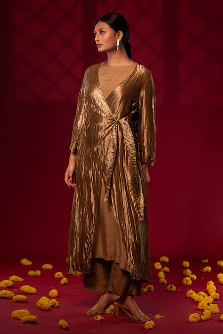 Buy_Chambray & CO._Gold Silk, Linen Open Neck Pleated Jacket Pant Set _Online_at_Aza_Fashions