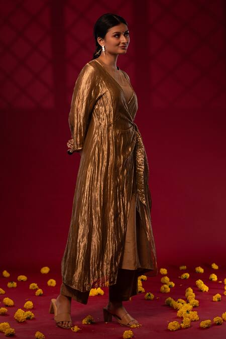 Shop_Chambray & CO._Gold Silk, Linen Open Neck Pleated Jacket Pant Set _Online_at_Aza_Fashions