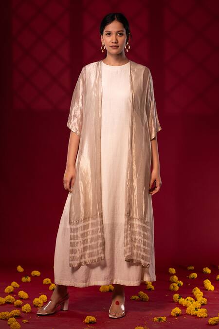 Chambray & CO. Ivory Silk, Linen Embroidery Open Neck Woven Stripe Jacket And Sleeveless Dress Online at Aza Fashions Chambray & CO._Ivory Silk, Linen Embroidery Open Neck Woven Stripe Jacket And Sleeveless Dress _Online_at_Aza_Fashions