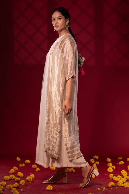 Buy Chambray & CO. Ivory Silk, Linen Embroidery Open Neck Woven Stripe Jacket And Sleeveless Dress Online at Aza Fashions Buy_Chambray & CO._Ivory Silk, Linen Embroidery Open Neck Woven Stripe Jacket And Sleeveless Dress _Online_at_Aza_Fashions