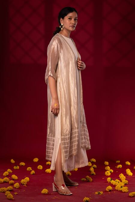 Shop Chambray & CO. Ivory Silk, Linen Embroidery Open Neck Woven Stripe Jacket And Sleeveless Dress Online at Aza Fashions Shop_Chambray & CO._Ivory Silk, Linen Embroidery Open Neck Woven Stripe Jacket And Sleeveless Dress _Online_at_Aza_Fashions