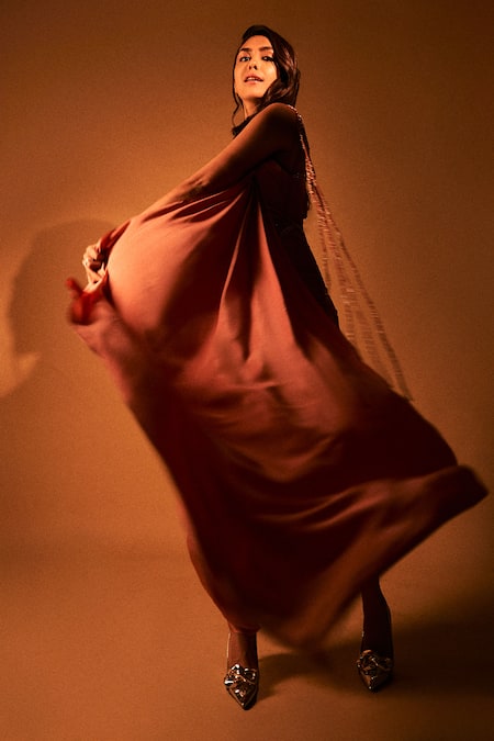 Shop_Babita Malkani_Brown Satin Pearls, Embroidery V-neck Draped Dress With Details _at_Aza_Fashions