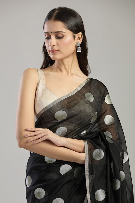 Mint N Oranges_Black Chanderi Zari Polka Dot Saree _at_Aza_Fashions
