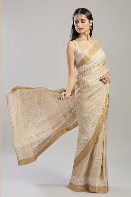 Shop Mint N Oranges Beige Tussar Mirrors, Embroidery Mukaish Silk Saree Online at Aza Fashions Shop_Mint N Oranges_Beige Tussar Mirrors, Embroidery Mukaish Silk Saree_Online_at_Aza_Fashions