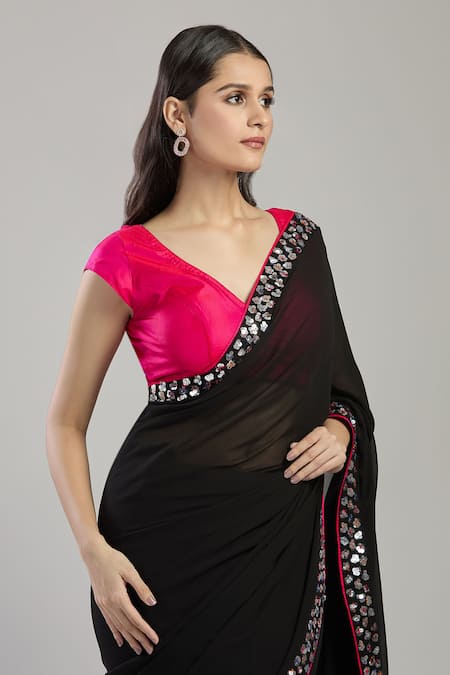 Buy_Mint N Oranges_Black Georgette Sequins, Piping V-neck Embellished Saree And Blouse Piece 