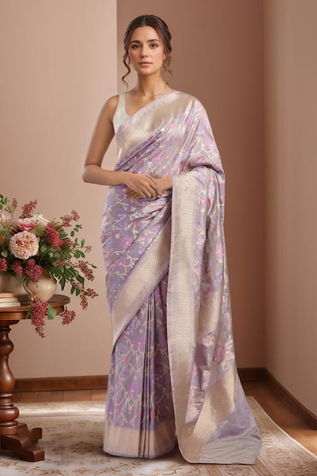 Mint N Oranges Mauve Flower Vine Hand Woven Saree 