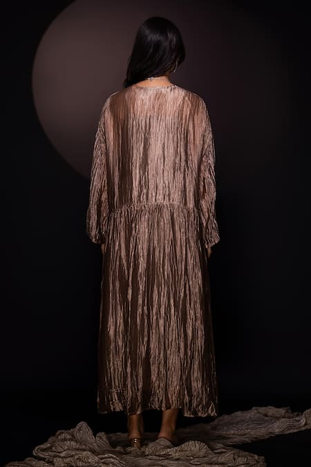 Shop Chambray & CO. Gold Silk, Cotton Round Neck Champagne Textured Maxi Dress at Aza Fashions Shop_Chambray & CO._Gold Silk, Cotton Round Neck Champagne Textured Maxi Dress _at_Aza_Fashions