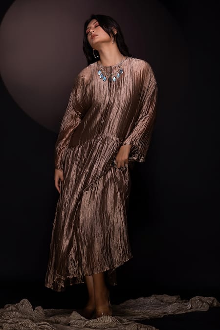 Chambray & CO. Gold Silk, Cotton Round Neck Champagne Textured Maxi Dress Online at Aza Fashions Chambray & CO._Gold Silk, Cotton Round Neck Champagne Textured Maxi Dress _Online_at_Aza_Fashions