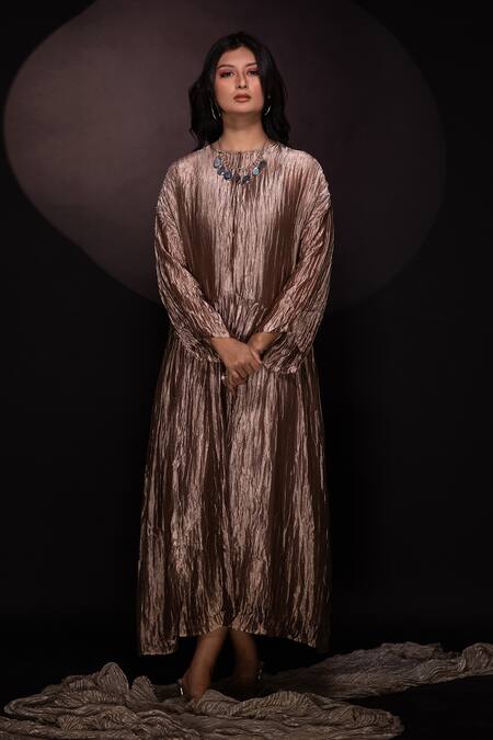 Buy Chambray & CO. Gold Silk, Cotton Round Neck Champagne Textured Maxi Dress Online at Aza Fashions Buy_Chambray & CO._Gold Silk, Cotton Round Neck Champagne Textured Maxi Dress _Online_at_Aza_Fashions