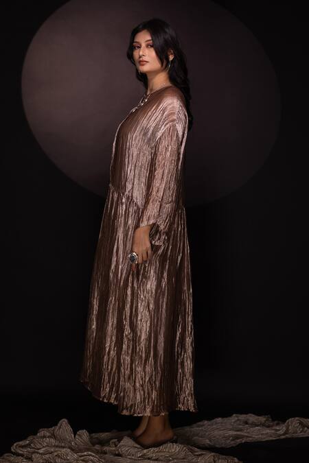 Shop Chambray & CO. Gold Silk, Cotton Round Neck Champagne Textured Maxi Dress Online at Aza Fashions Shop_Chambray & CO._Gold Silk, Cotton Round Neck Champagne Textured Maxi Dress _Online_at_Aza_Fashions