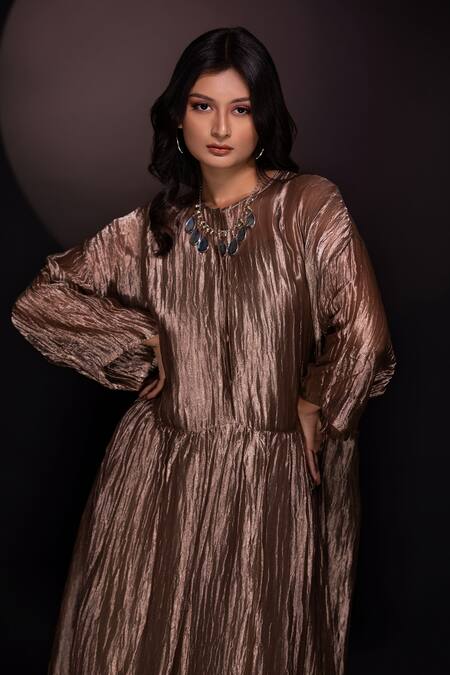 Chambray & CO. Gold Silk, Cotton Round Neck Champagne Textured Maxi Dress at Aza Fashions Chambray & CO._Gold Silk, Cotton Round Neck Champagne Textured Maxi Dress _at_Aza_Fashions