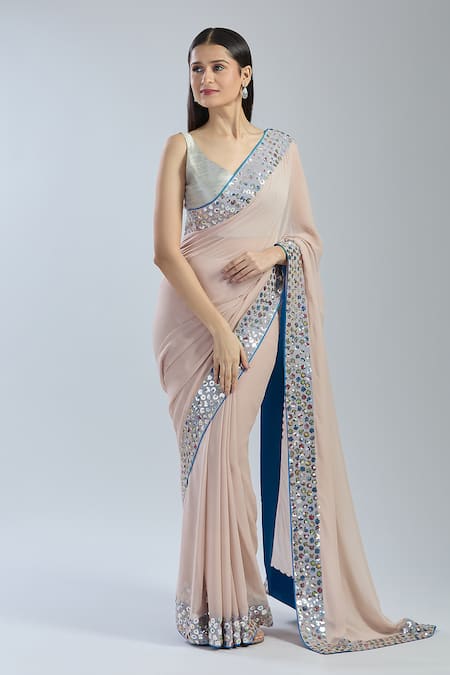 Shop Mint N Oranges Beige Georgette Sequins Round Neck Embroidered Saree Set Online at Aza Fashions Shop_Mint N Oranges_Beige Georgette Sequins Round Neck Embroidered Saree Set _Online_at_Aza_Fashions