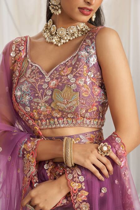Samyukta Singhania_Purple Organza, Net Sequins Asymmetric Floral Patchwork Embroidered Lehenga Set_Online_at_Aza_Fashions