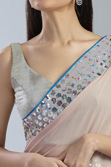 Buy Mint N Oranges Beige Georgette Sequins Round Neck Embroidered Saree Set Buy_Mint N Oranges_Beige Georgette Sequins Round Neck Embroidered Saree Set