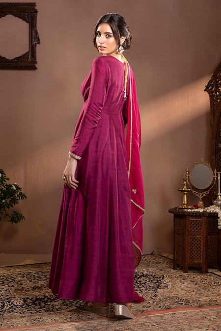 Shop Krishna Padia Wine Muslin, Organza, Cotton Embroidery Munga Silk Anarkali Set With Dupatta at Aza Fashions Shop_Krishna Padia_Wine Muslin, Organza, Cotton Embroidery Munga Silk Anarkali Set With Dupatta _at_Aza_Fashions