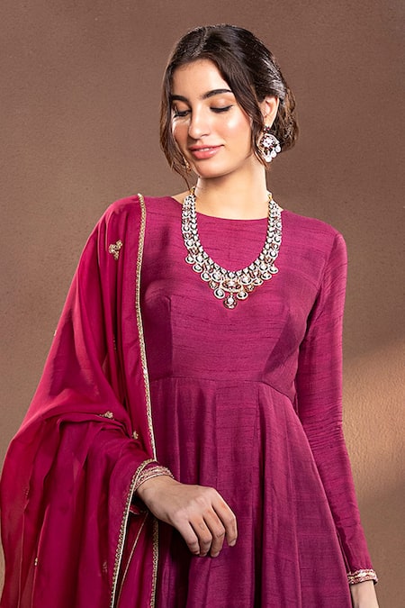 Krishna Padia Wine Muslin, Organza, Cotton Embroidery Munga Silk Anarkali Set With Dupatta Online at Aza Fashions Krishna Padia_Wine Muslin, Organza, Cotton Embroidery Munga Silk Anarkali Set With Dupatta _Online_at_Aza_Fashions
