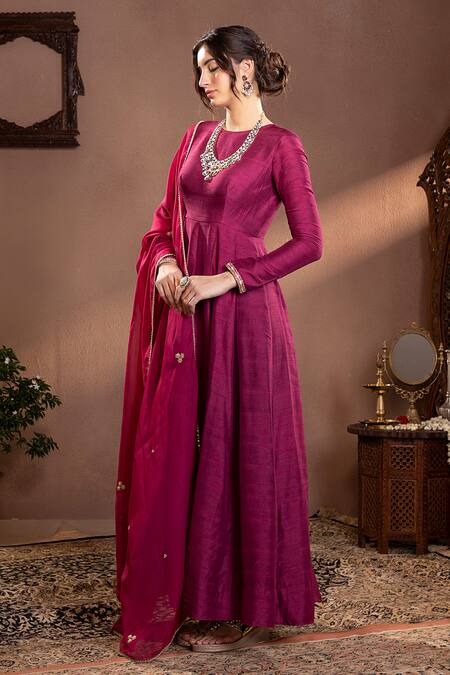 Buy Krishna Padia Wine Muslin, Organza, Cotton Embroidery Munga Silk Anarkali Set With Dupatta Online at Aza Fashions Buy_Krishna Padia_Wine Muslin, Organza, Cotton Embroidery Munga Silk Anarkali Set With Dupatta _Online_at_Aza_Fashions