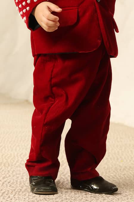 Fayon Kids_Maroon Velvet Pearls, Embroidery Blazer Set _Online_at_Aza_Fashions
