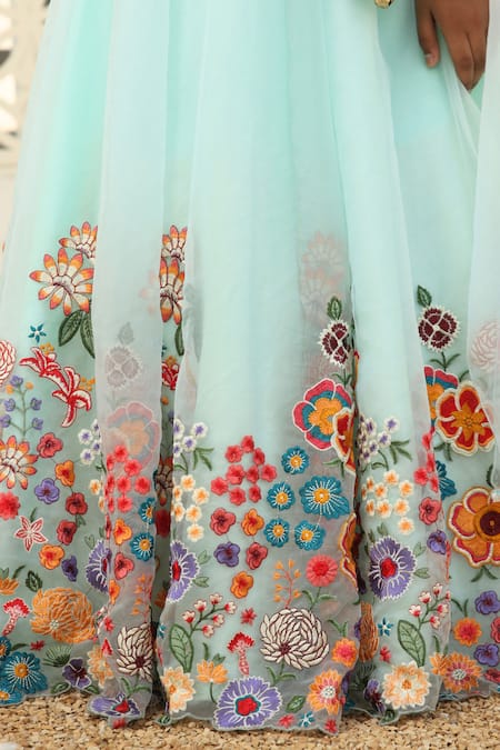 Buy_Fayon Kids_Blue Organza Embroidery, Lace, Tassels, Fabric Flowers 3d Floral Lehenga Set _Online_at_Aza_Fashions