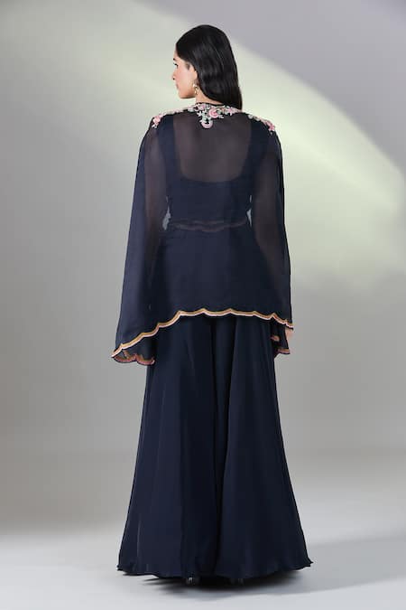Shop_Samyukta Singhania_Blue Silk, Chiffon Embroidery Round Neck Cape And Flared Pant Set _at_Aza_Fashions