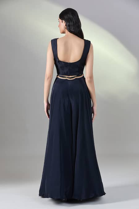 Buy_Samyukta Singhania_Blue Silk, Chiffon Embroidery Round Neck Cape And Flared Pant Set 