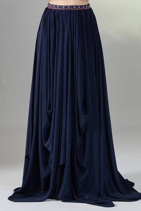 Samyukta Singhania Blue Chiffon, Organza Embroidery Round Neck Floral Cape Skirt Set at Aza Fashions Samyukta Singhania_Blue Chiffon, Organza Embroidery Round Neck Floral Cape Skirt Set _at_Aza_Fashions