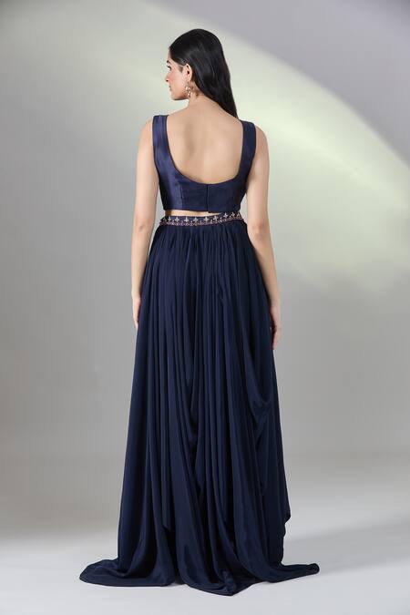 Shop Samyukta Singhania Blue Chiffon, Organza Embroidery Round Neck Floral Cape Skirt Set Shop_Samyukta Singhania_Blue Chiffon, Organza Embroidery Round Neck Floral Cape Skirt Set