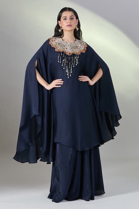 Shop_Samyukta Singhania_Blue Silk, Chiffon Embroidery, Pearls, Tassels Round Floral Kaftan Skirt Set 
