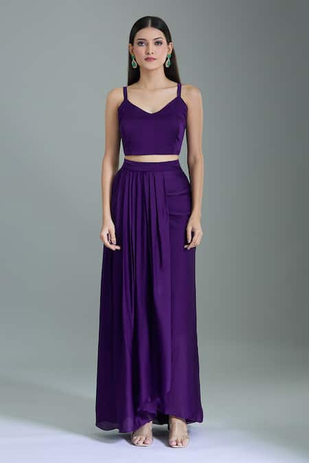 Shop_Samyukta Singhania_Purple Chiffon, Georgette Embroidery V-, Open Hand Kaftan Set _Online_at_Aza_Fashions