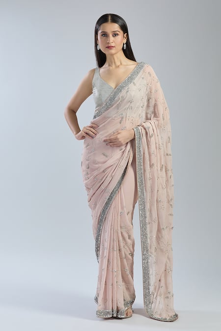 Mint N Oranges_Pink Georgette Embroidery, Sequins V-neck Floral Saree_Online_at_Aza_Fashions