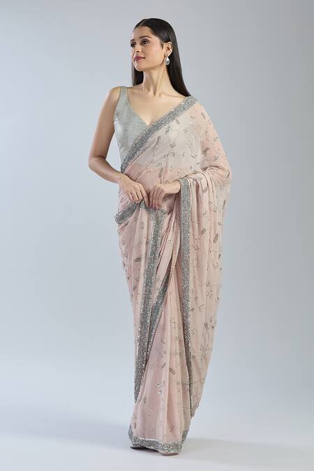 Buy_Mint N Oranges_Pink Georgette Embroidery, Sequins V-neck Floral Saree_Online_at_Aza_Fashions
