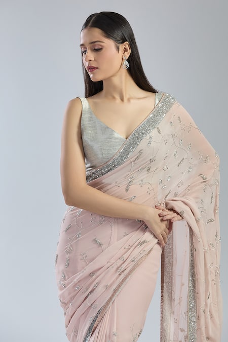 Shop_Mint N Oranges_Pink Georgette Embroidery, Sequins V-neck Floral Saree_Online_at_Aza_Fashions