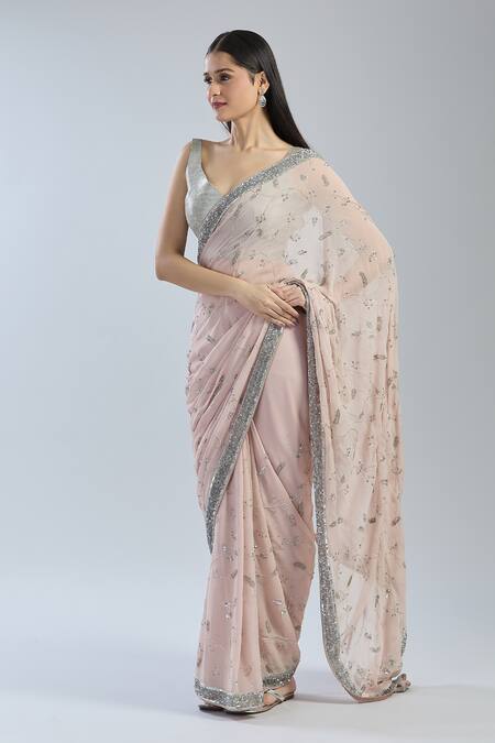 Buy_Mint N Oranges_Pink Georgette Embroidery, Sequins V-neck Floral Saree