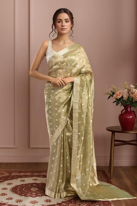 Mint N Oranges Floral Hand Woven Tissue Banarasi Saree 