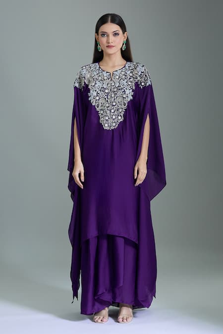 Buy_Samyukta Singhania_Purple Chiffon, Georgette Embroidery V-, Open Hand Kaftan Set _Online_at_Aza_Fashions