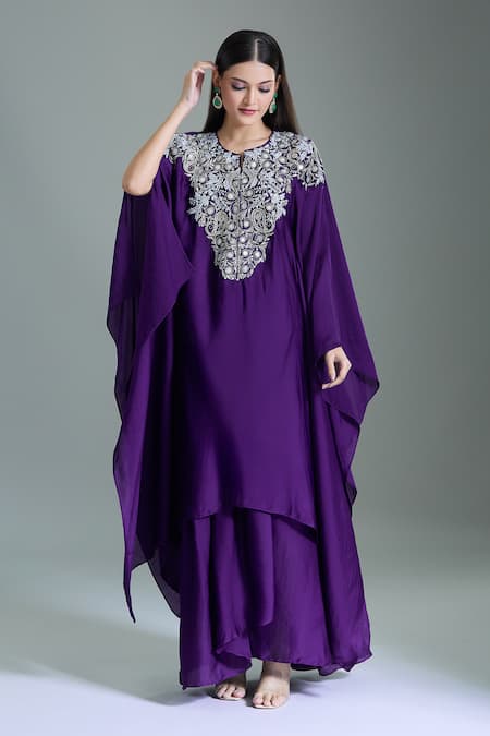 Samyukta Singhania_Purple Chiffon, Georgette Embroidery V-, Open Hand Kaftan Set _at_Aza_Fashions