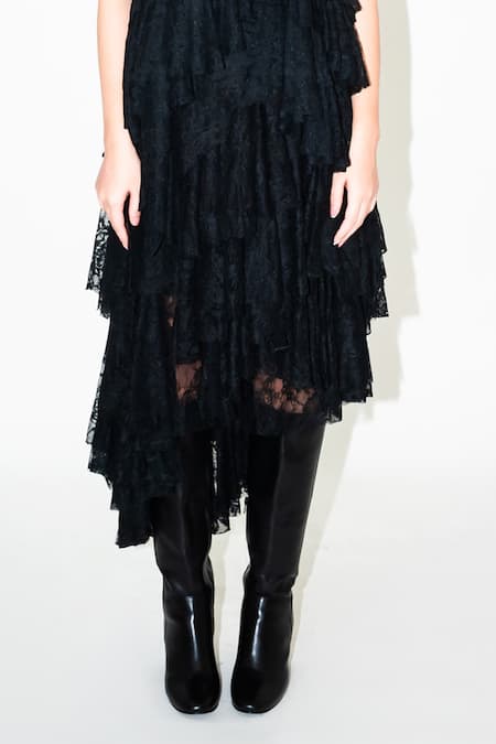 Leh Studios Black Viscose Lace Layered Asymmetric Skirt Online at Aza Fashions Leh Studios_Black Viscose Lace Layered Asymmetric Skirt _Online_at_Aza_Fashions