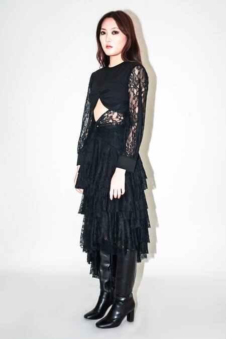 Shop Leh Studios Black Viscose Lace Layered Asymmetric Skirt Online at Aza Fashions Shop_Leh Studios_Black Viscose Lace Layered Asymmetric Skirt _Online_at_Aza_Fashions