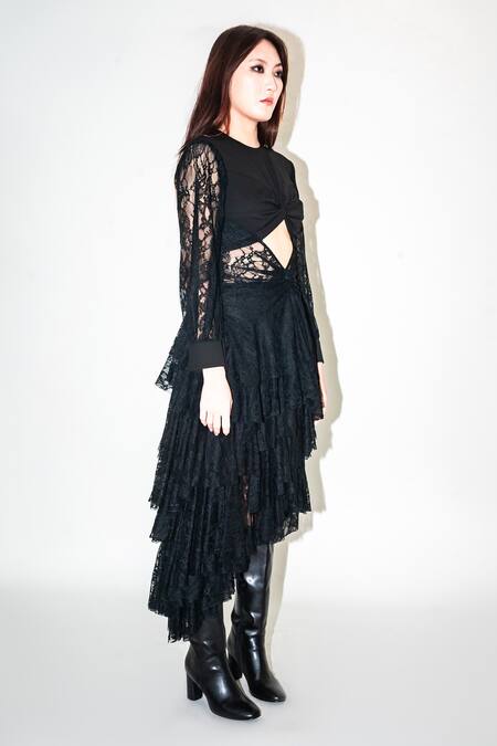 Leh Studios Black Viscose Lace Layered Asymmetric Skirt at Aza Fashions Leh Studios_Black Viscose Lace Layered Asymmetric Skirt _at_Aza_Fashions