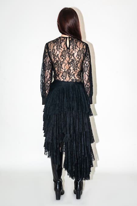 Leh Studios Black Layered Lace Asymmetric Skirt 