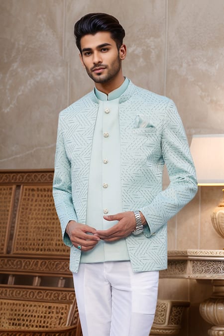 Arihant Rai Sinha Green Silk Embroidery Pista Bandhgala Online at Aza Fashions Arihant Rai Sinha_Green Silk Embroidery Pista Bandhgala _Online_at_Aza_Fashions