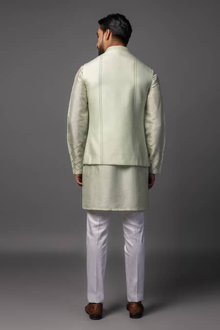 PAARSH Pastel Mint Green Kantha Embroidered Bundi Set 