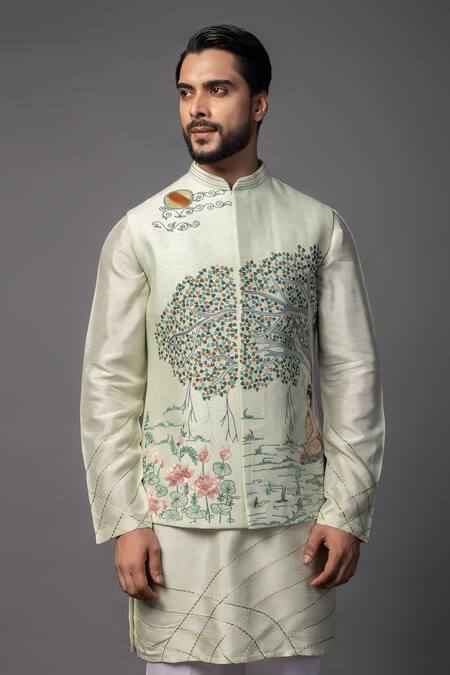 PAARSH_Green Bamboo Embroidery Pastel Mint Kantha Bundi Set _Online_at_Aza_Fashions