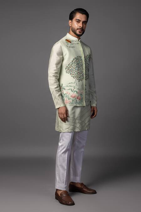 Buy_PAARSH_Green Bamboo Embroidery Pastel Mint Kantha Bundi Set _Online_at_Aza_Fashions