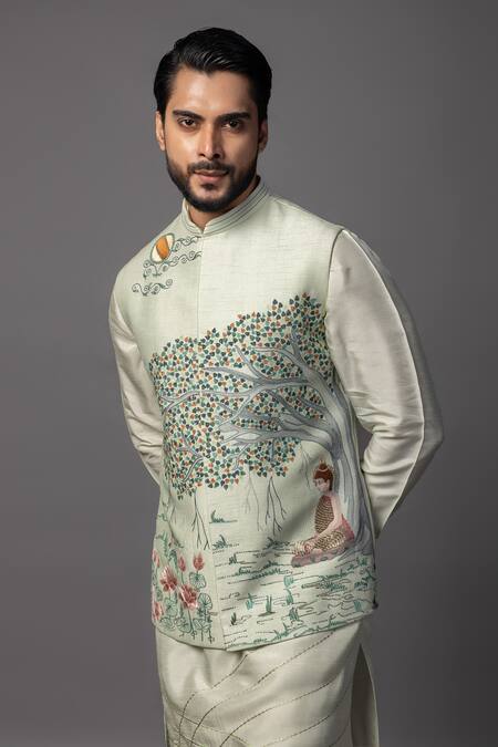 PAARSH_Green Bamboo Embroidery Pastel Mint Kantha Bundi Set _at_Aza_Fashions