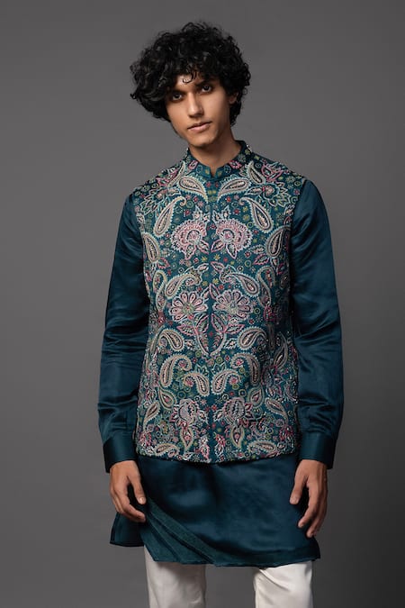 Shop_PAARSH_Blue Linen, Satin Cut Work, Embroidery Teal Kasuti Bundi Set _Online_at_Aza_Fashions