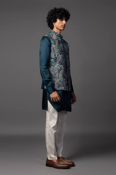 PAARSH_Blue Linen, Satin Cut Work, Embroidery Teal Kasuti Bundi Set _Online_at_Aza_Fashions